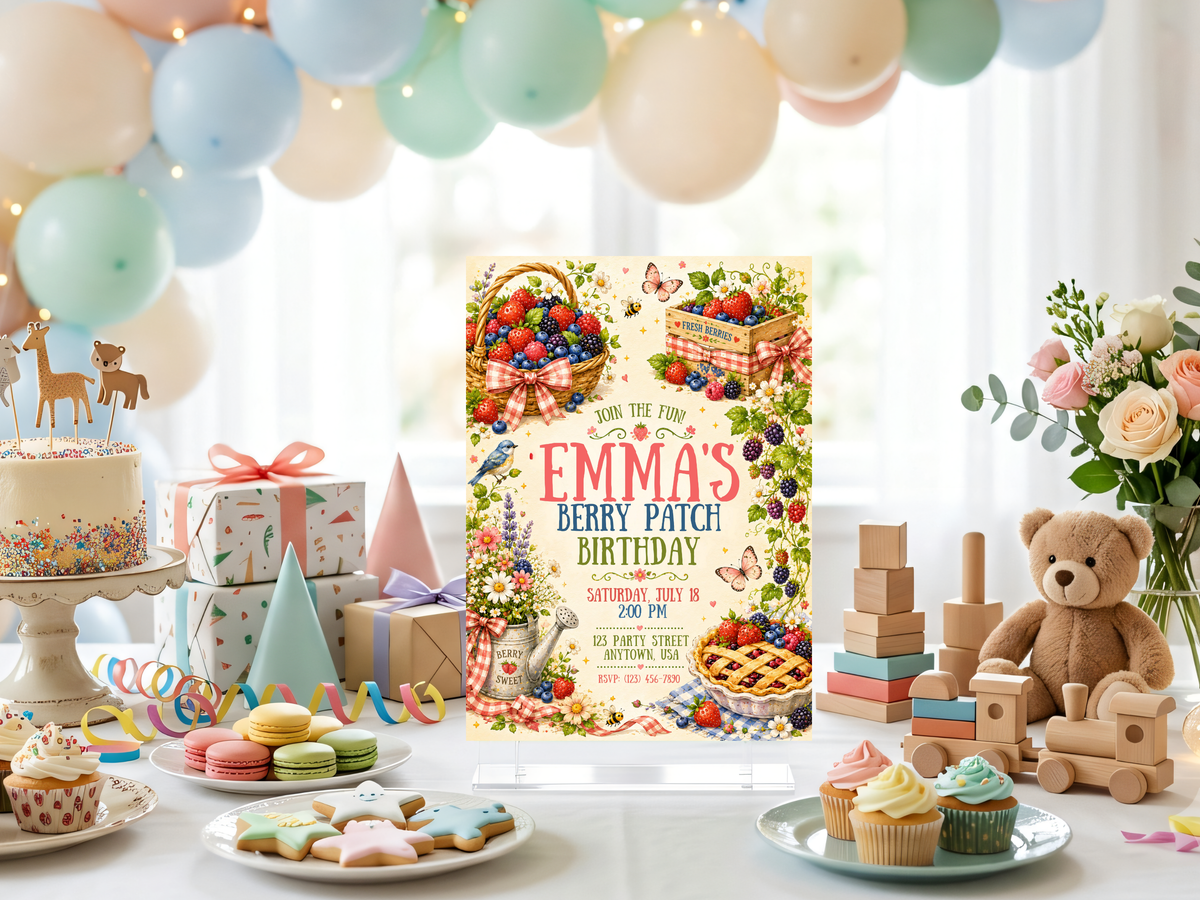 Berry Patch birthday invite design with a basket of fresh berries, berry crate, botanical greenery, butterflies, gingham bows, and colorful hand-painted fruit illustrations.