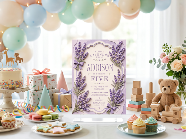 Lavender floral birthday invitation template shown in product image 16, featuring clustered purple lavender flowers, greenery, decorative ribbon bows, and a soft botanical palette.