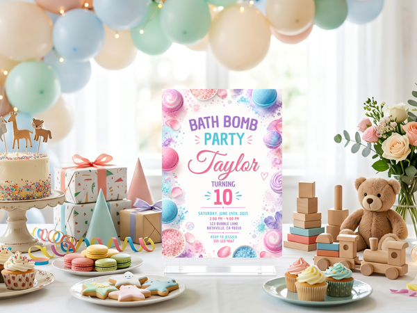 Pastel spa birthday invitation template preview showing pink, blue and purple bath bomb artwork with a cheerful colorful party aesthetic.