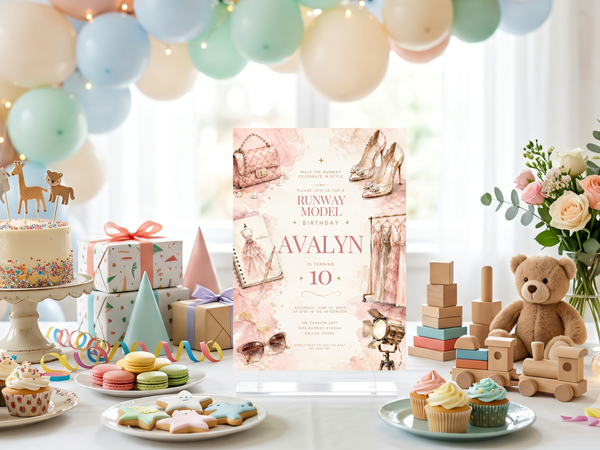 Chic fashion birthday invitation with blush pink tones, watercolor details, fashion accessories and runway party styling