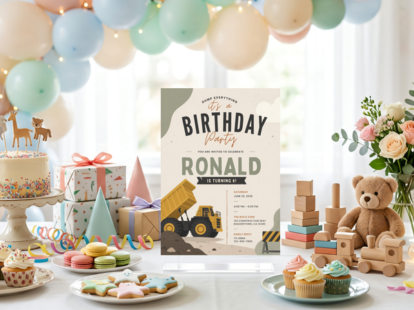 Dump truck birthday invitation design showing construction machinery, safety barricade details, olive green accents, tan tones, and a modern playful birthday layout.