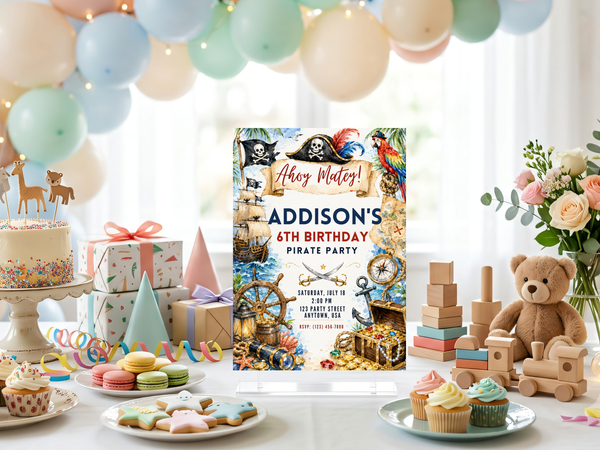 Pirate-themed birthday invitation template showing nautical artwork with a pirate ship, skull flags, parrots, compass, ship wheel, swords and warm parchment colors.