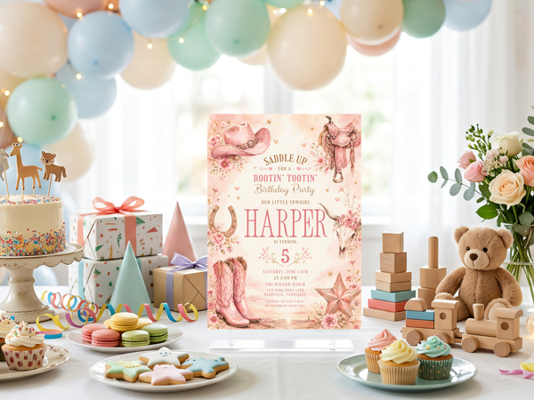 Pink cowgirl birthday invitation template in a soft watercolor style with western boots, hat, horseshoe and floral details