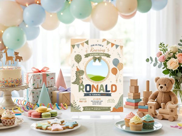 Dinosaur birthday party invitation template showing the whimsical storybook illustration style, earthy palette, balloons, greenery, and celebratory details.