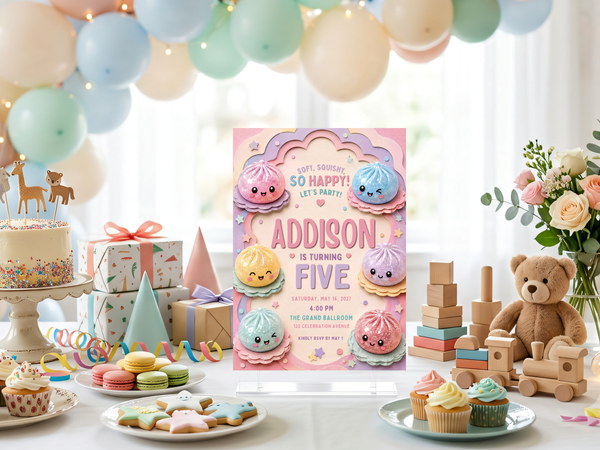 Squishy dumpling birthday party invitation design with pastel food characters, playful faces, decorative stars and hearts, and a colorful portrait layout.