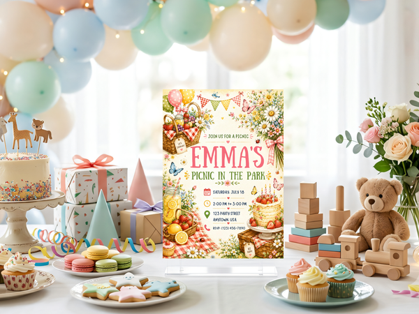 Floral garden birthday invitation design showing a picnic basket, gingham cloth, colorful flowers, strawberries, lemonade and cheerful watercolor party details.