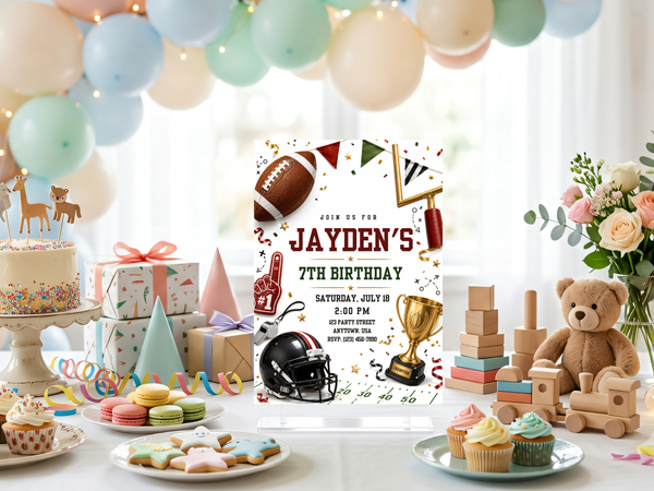 Football game-day birthday party invitation with red and green text, black helmet, gold trophy, brown football, and colorful confetti