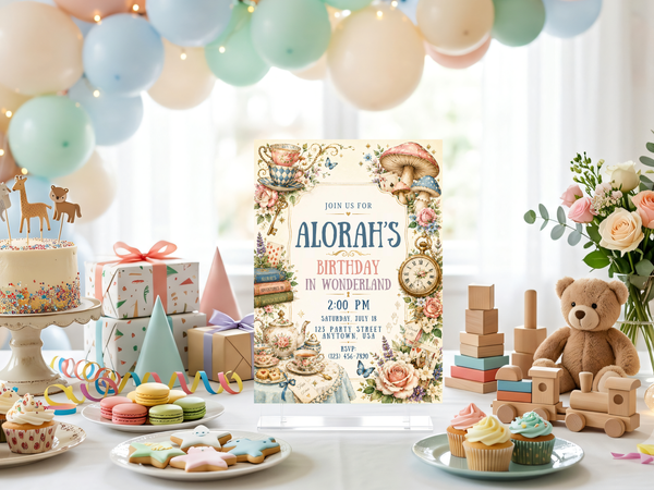 Whimsical Alice in Wonderland birthday invite design featuring mushrooms, flowers, butterflies and an ornate storybook-style border.