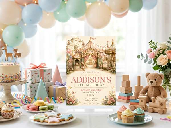 Vintage fairground birthday invitation artwork with carousel, Ferris wheel, bunting flags, balloons, butterflies, and blush pink floral details