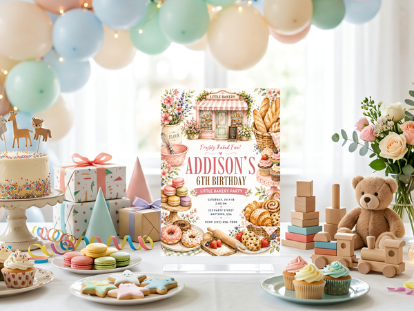 Bakery birthday invitation template with illustrated baguettes, bread and pastry-shop details in warm cream, tan and blush watercolor tones.
