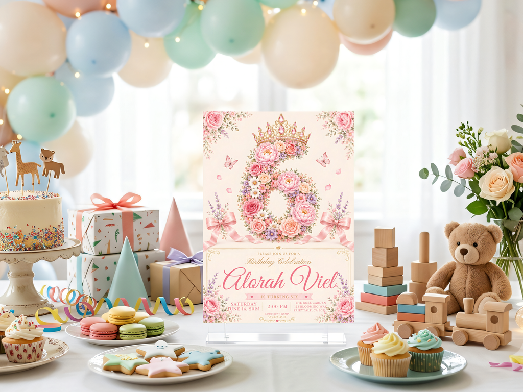 Floral princess birthday invitation with romantic pink roses, white daisies, lavender flowers, soft peach blooms, and botanical corner accents around the birthday design.