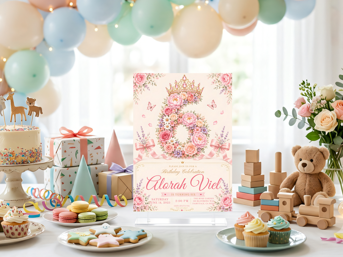 Floral princess birthday invitation with romantic pink roses, white daisies, lavender flowers, soft peach blooms, and botanical corner accents around the birthday design.