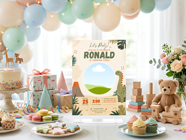 Dinosaur party invitation template in a portrait layout with green dinosaur artwork, leafy jungle accents, and warm orange details.
