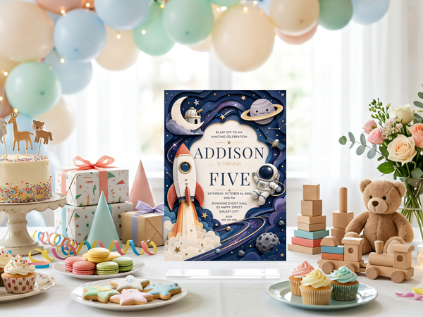 Outer space birthday invitation with astronaut illustration, rocket launch scene, planets and deep blue celestial background.