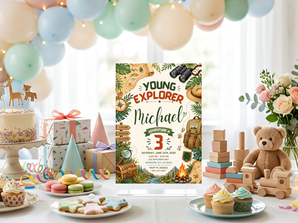 Adventure birthday invitation template with treasure-map styling, compass details and explorer-themed decorative accents.