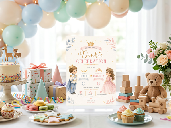 Watercolor royal birthday invitation design featuring a young prince and princess, elegant typography, crown motifs and soft pastel colors.