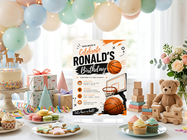 Sports-themed basketball birthday invite showing a basketball hoop, orange basketballs, black typography, and energetic brush-stroke accents.