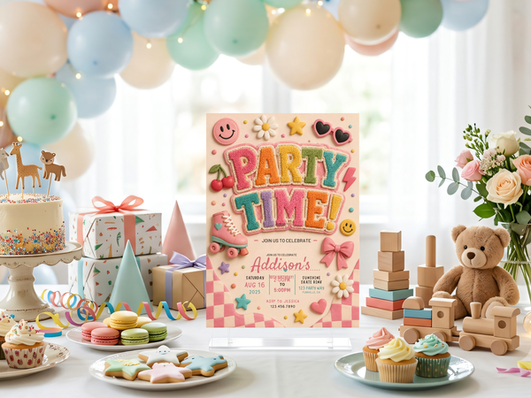 Playful kids birthday invitation in a retro roller skate theme with textured colorful lettering, pastel party accents, and decorative hearts and stars.