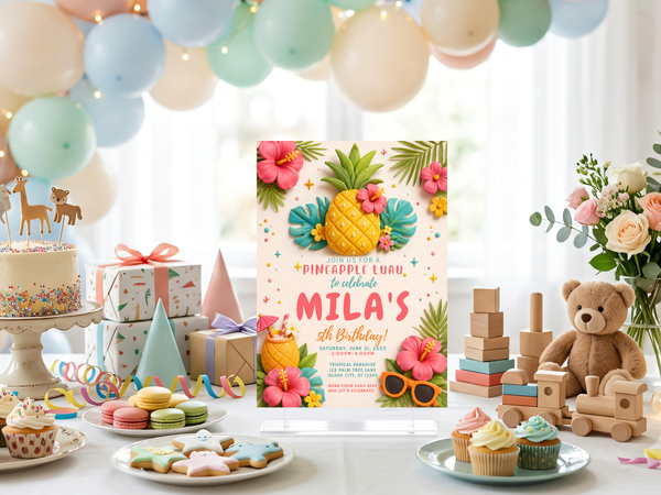 Pineapple luau invitation featuring coral pink flowers, tropical greenery, teal leaves and colorful confetti accents