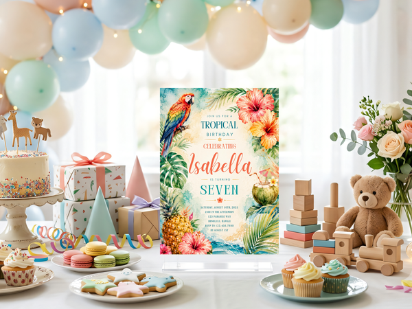 Colorful tropical birthday invitation template centered on a watercolor parrot with hibiscus flowers, pineapple, coconut and palm leaves in aqua, teal and coral tones.
