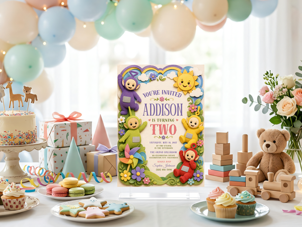 Purple Teletubbies character featured on a playful birthday invitation with rainbow, clouds, flowers, greenery, and bright children’s party artwork.