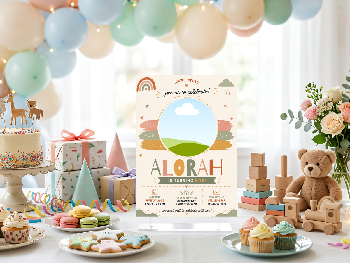 Boho rainbow kids birthday invitation with pastel blue sky, rainbow arch, rolling green landscape, warm brushstrokes and colorful decorative details.