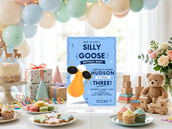 Playful goose birthday invitation template with an orange goose, oversized sunglasses, light blue background, and cheerful kids party typography.