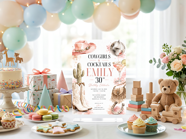 Editable cowgirl birthday invitation artwork with soft watercolor washes, western boots, cactus, silver disco ball, cocktail glasses and fringe details.