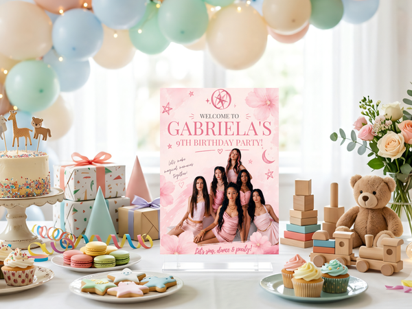 Girl squad birthday invite in a pink palette with floral, star and heart motifs for a stylish birthday celebration
