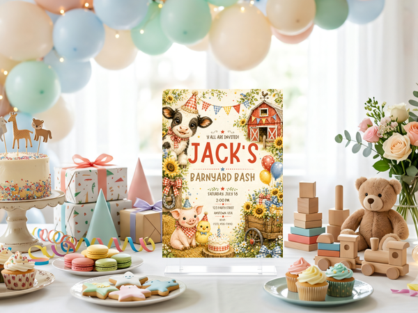 Kids farm birthday invitation artwork featuring a friendly cow, piglet and chick surrounded by sunflowers, bunting and rustic barnyard accents.