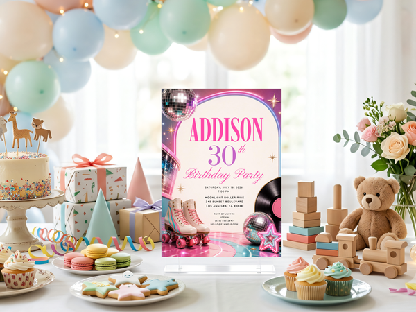 Pink and purple roller disco birthday invite with silver disco balls, retro skates, neon rainbow, stars and a bold vintage party aesthetic.