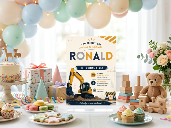 Construction-themed birthday invitation template with excavator artwork, roadwork accents, bold lettering, and customizable event information.