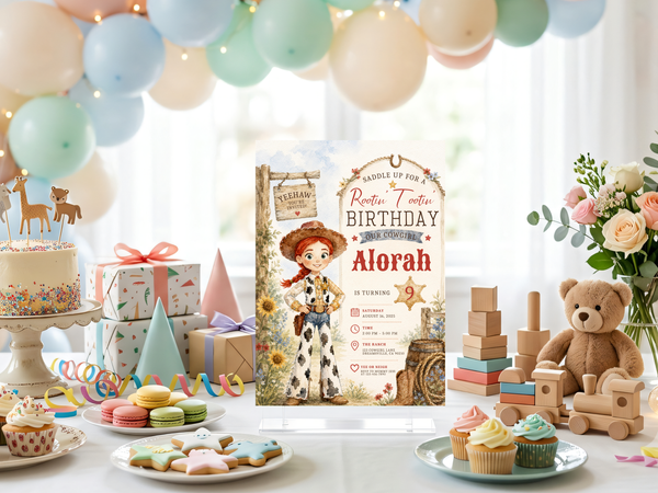 Jessie cowgirl birthday party invitation artwork with a red-haired cowgirl character, cowboy hat, boots and country-inspired details.