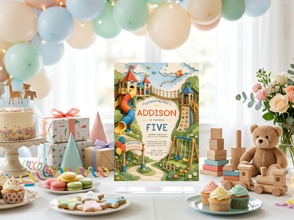 Kids birthday invitation template with an adventure playground theme, featuring a rope bridge, climbing wall, slides, swings, balloons, and a playful garden path.