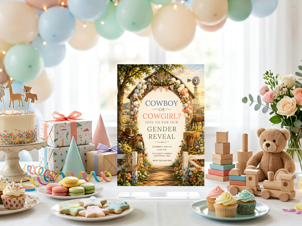 Cowgirl gender reveal invitation artwork in a warm western palette with florals, ranch scenery, horse, windmill and rustic celebration details.