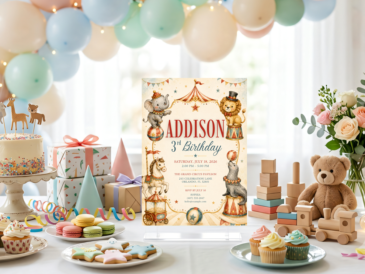 Circus birthday invitation template with carousel-inspired artwork, circus animals, bunting and decorative star accents