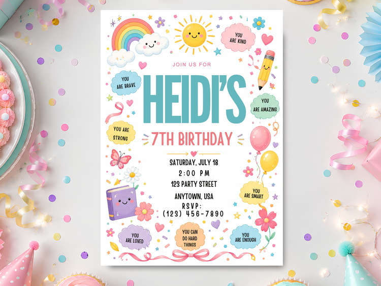 Rainbow affirmation birthday invitation template with a colorful rainbow, smiling sun, clouds, hearts, stars, balloons, flowers, butterfly and positive affirmation messages.