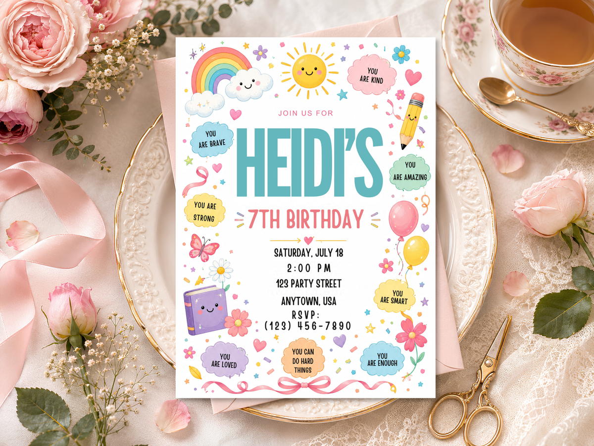 Rainbow affirmation birthday invitation template with cheerful party colors, doodle illustrations and customizable birthday information.