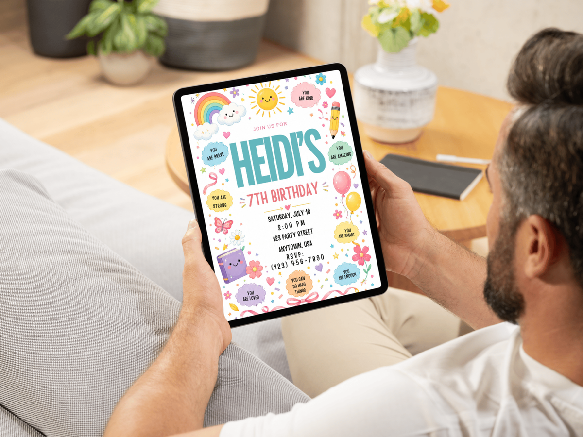 Rainbow affirmation birthday invitation design for kids featuring rainbow colors, positive messages and a colorful 5 by 7 portrait layout.