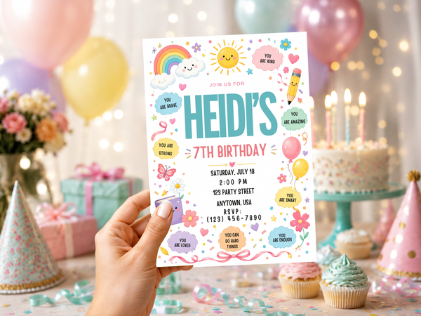 Rainbow affirmation birthday invitation shown in a colorful birthday party lifestyle scene with balloons, cake and the editable invitation design.