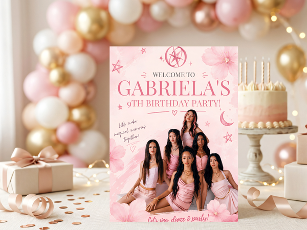 Pink girls birthday invitation template with a modern group-photo aesthetic and decorative party elements