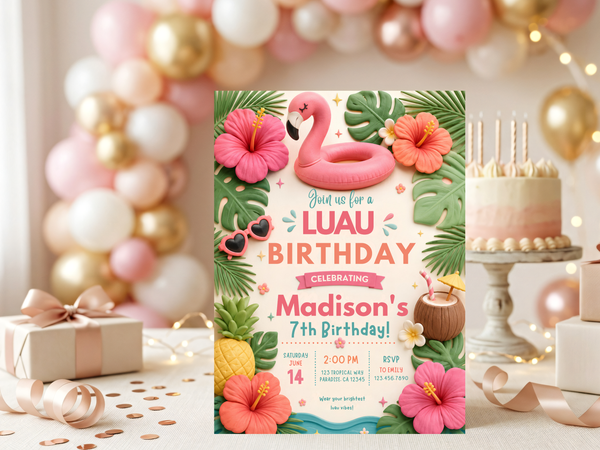 Kids luau birthday invitation design with pink flamingo, tropical flowers, green leaves, pineapple and bright summer colors