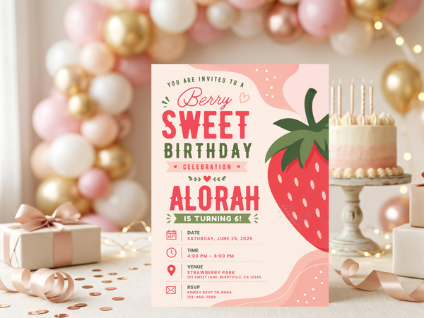 Close-up strawberry birthday invitation artwork showing the large red strawberry, green leaves, pink background shapes and decorative party accents.