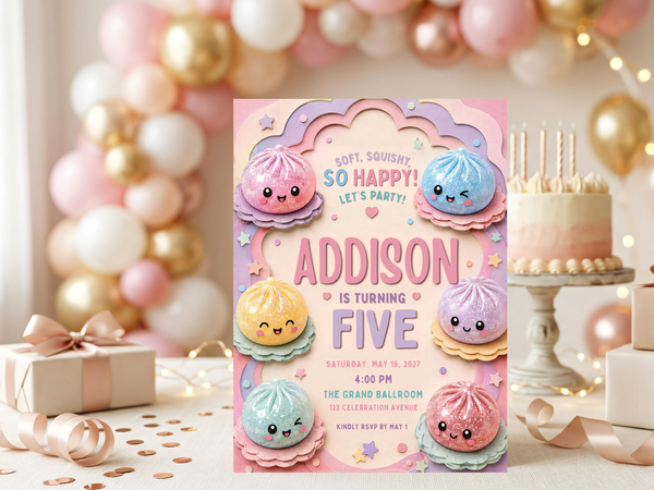 Adorable pastel dumpling invitation artwork for a kids birthday, showing colorful squishy characters with cute expressions and a cheerful party theme.