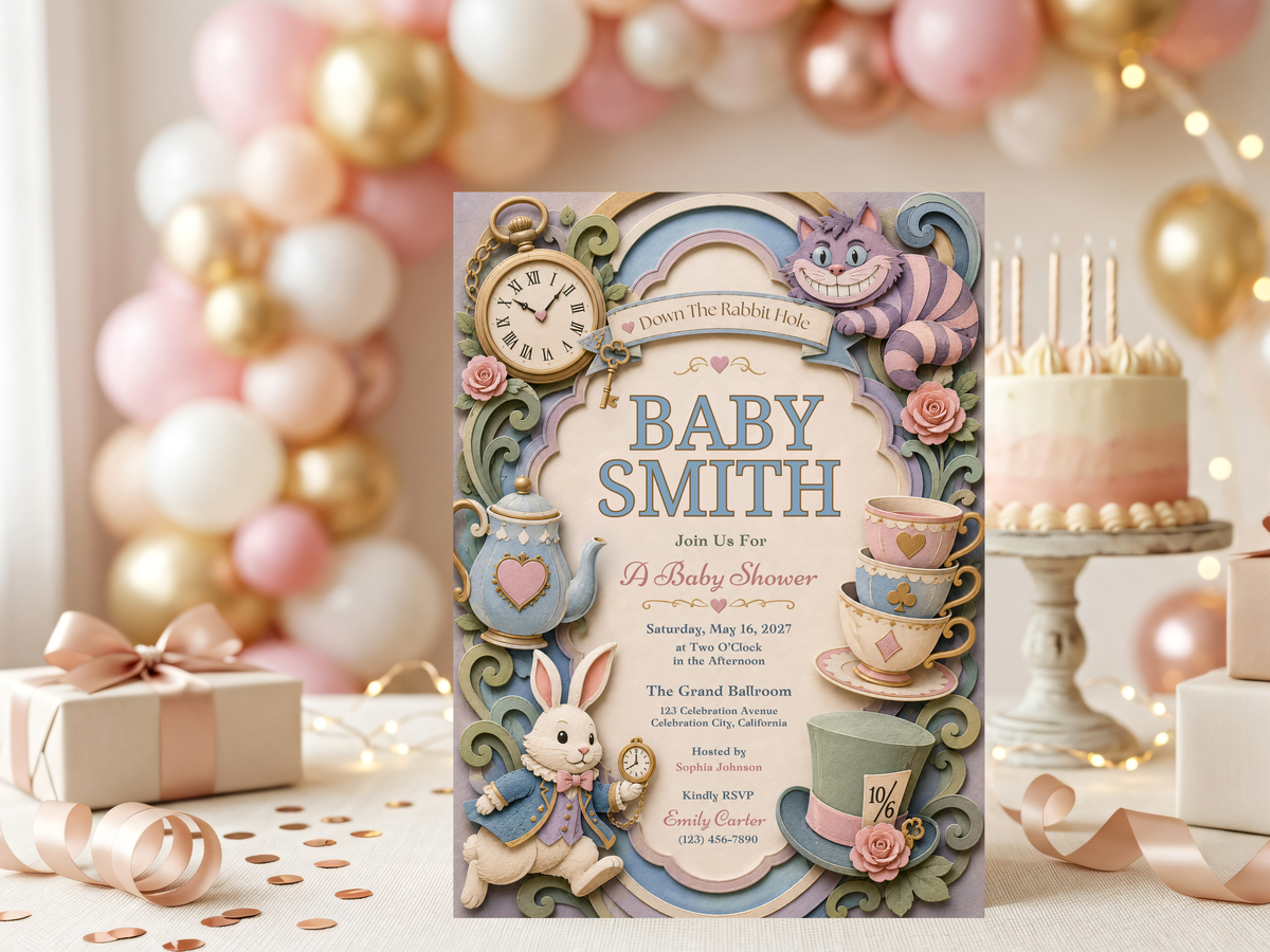 Whimsical Wonderland baby shower invitation template with tea party inspiration, illustrated details and a soft pastel palette.