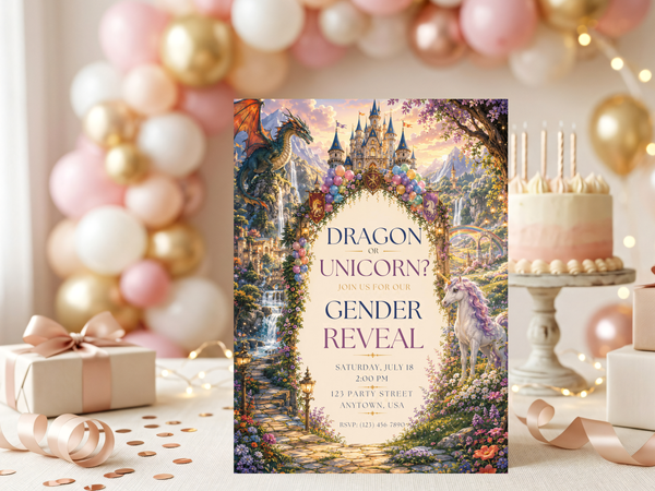 Dragon or unicorn baby gender reveal invitation featuring storybook castle scenery, colorful balloons, flowers, mountains and fantasy characters — product image 5.