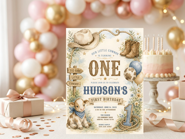 Western birthday invitation template showing cowboy-themed watercolor artwork with boots, hat, calf, balloons and rustic floral motifs.
