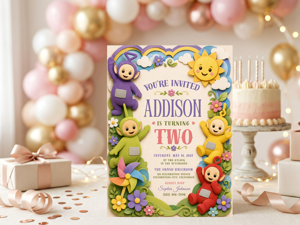 Green Teletubbies character featured on a colorful birthday invitation surrounded by flowers, leaves, clouds, rainbow accents, and cheerful character-themed details.