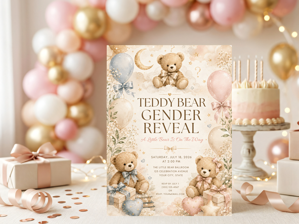 Teddy bear baby shower and gender reveal invitation template featuring sweet bear illustrations, elegant lettering, balloons and gift boxes in a soft neutral palette.