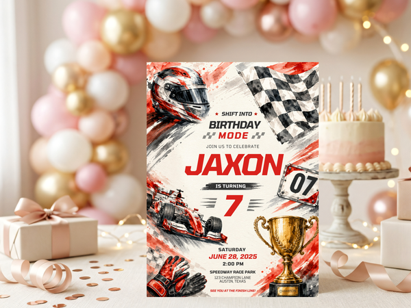 Motorsport birthday invitation template with red, black and white palette, racing imagery and checkered flag details